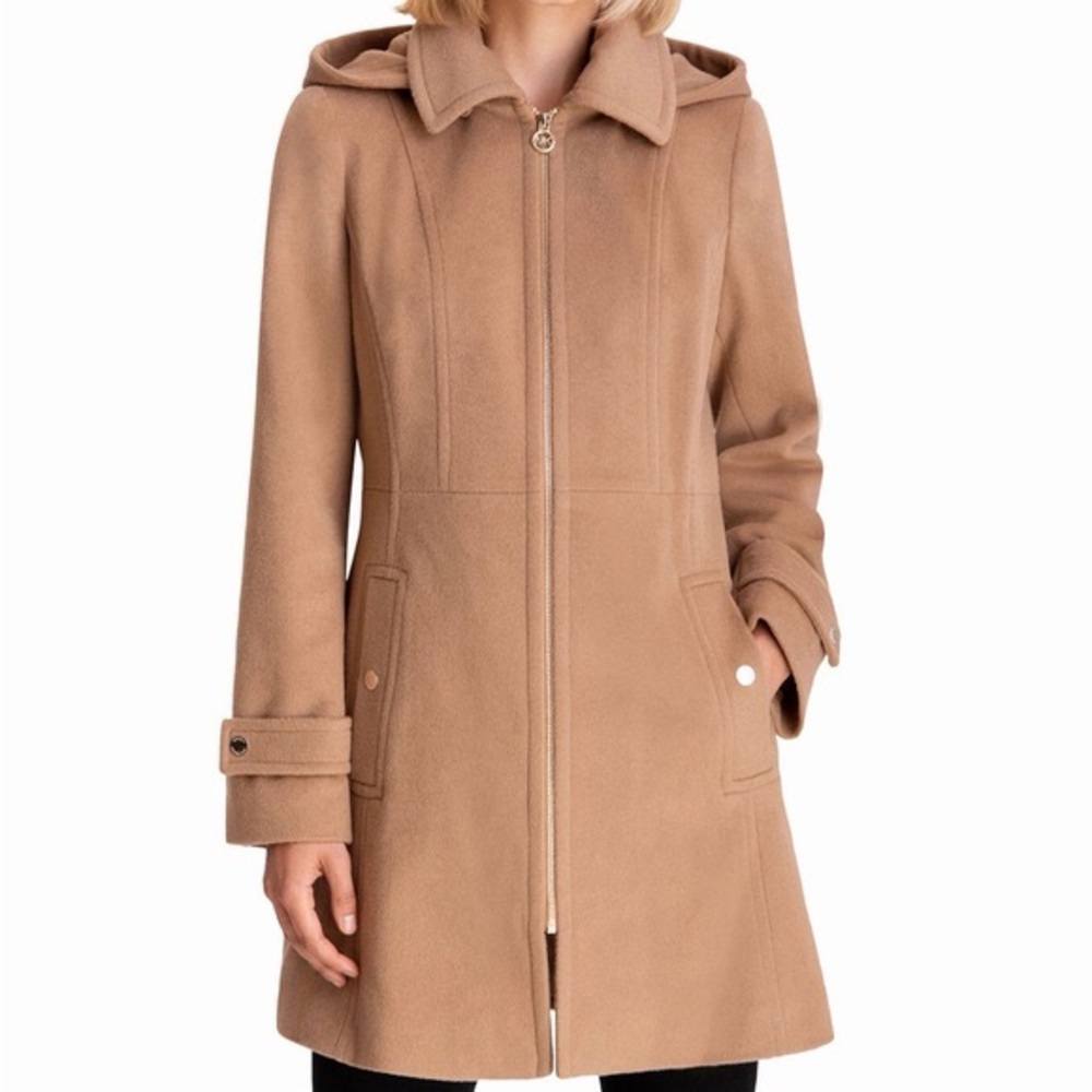 MICHAEL Michael Kors Wool Blend Hooded Zip Front Pea Coat - New Condition